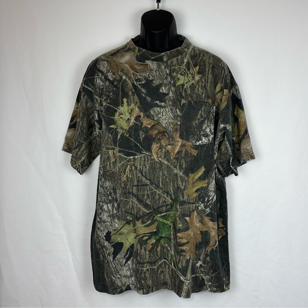 Vtg Cabela's Green Camo Front Pocket Perforated Short Sleeve Shirt MENS Size XL